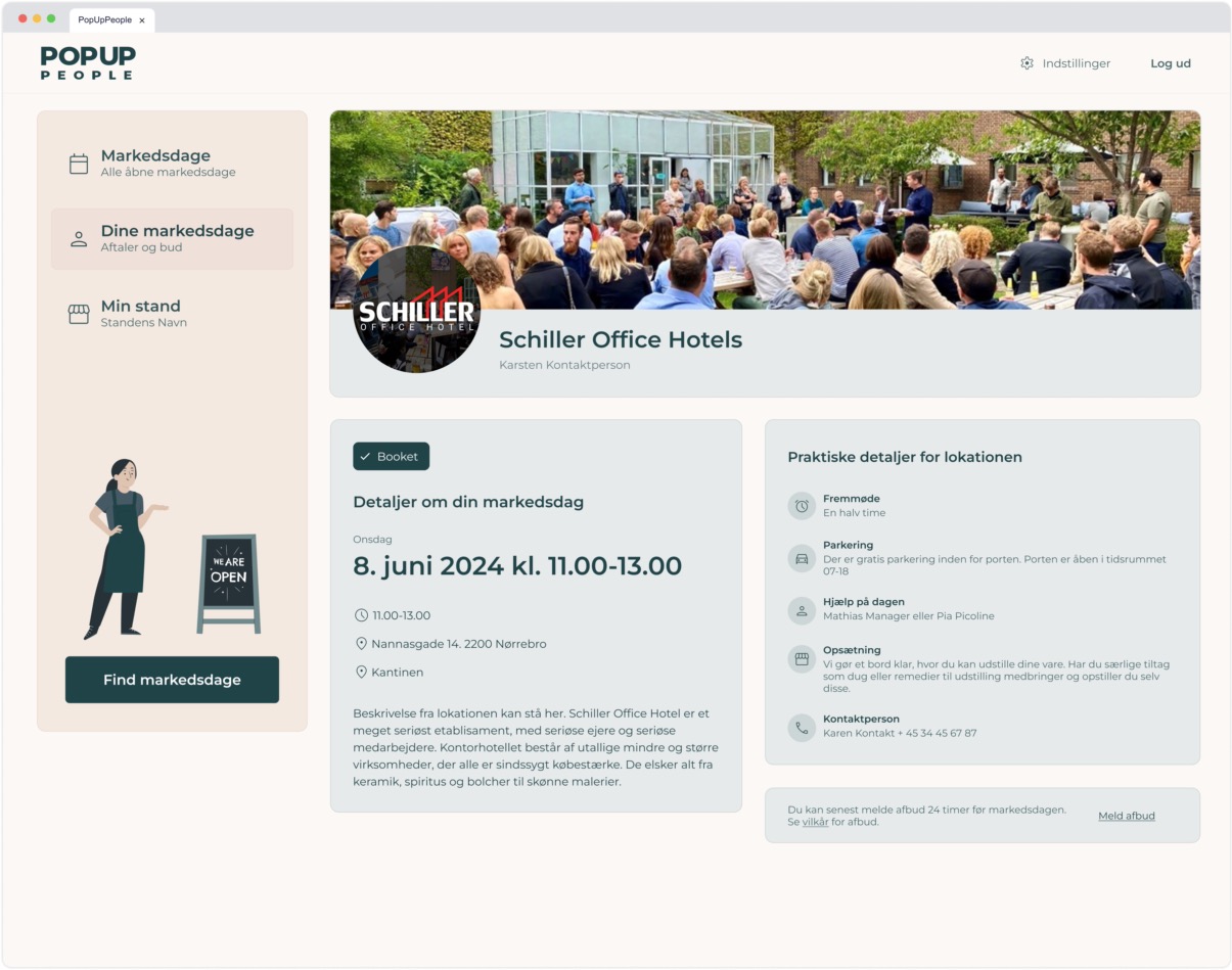 Booked market-day detail page for locations showing status badge "Booket," date/time and venue info, and practical details like parking and contact person.
